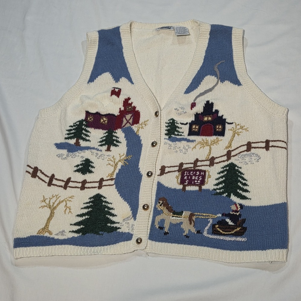 Capacity Sweater Vest Womens 2X White Winter Sleigh Ride Christmas Grandmacore